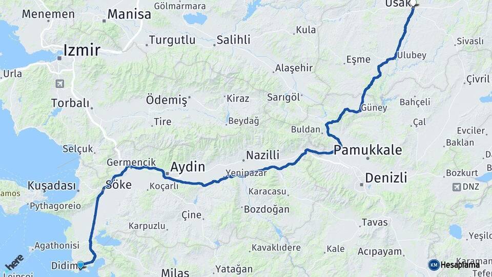 Aydın Didim Uşak Arası Kaç Km - Yol Haritası