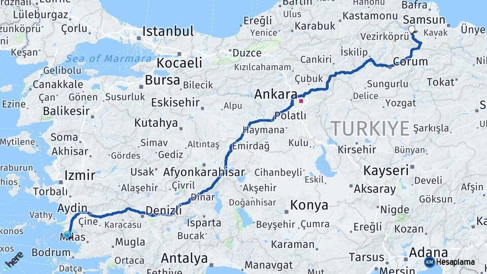 Aydın Didim Vezirköprü Samsun Arası Kaç Km - Yol Haritası