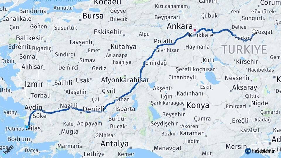 Aydın Didim Yozgat Arası Kaç Km - Yol Haritası