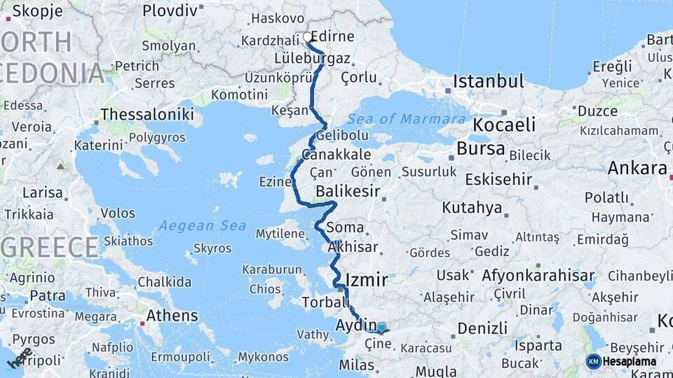 Aydın Edirne Arası Kaç Km - Yol Haritası