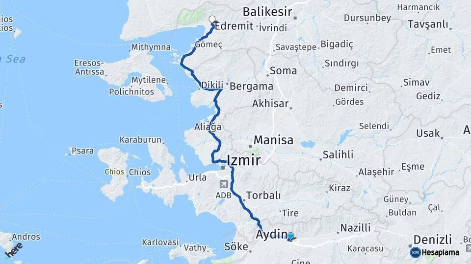 Aydın Edremit Balıkesir Arası Kaç Km - Yol Haritası