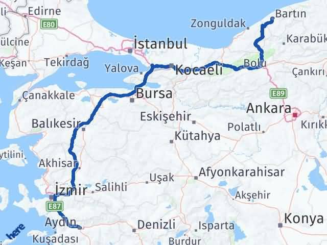 Aydın Efeler Bartın Arası Kaç Km - Yol Haritası