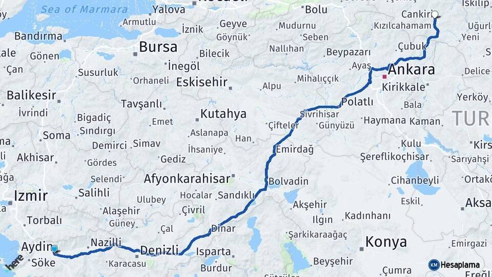 Aydın Efeler Çankırı Arası Kaç Km - Yol Haritası