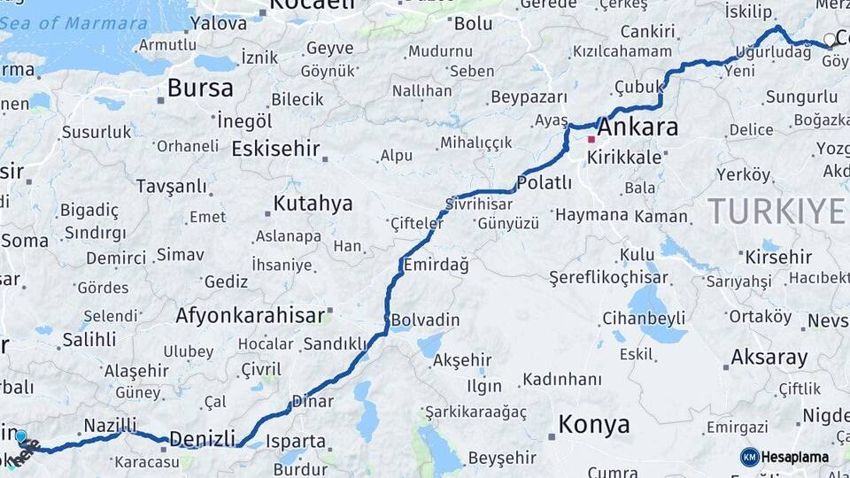 Aydın Efeler Çorum Arası Kaç Km - Yol Haritası