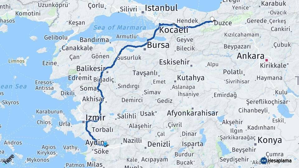 Aydın Efeler Düzce Arası Kaç Km - Yol Haritası