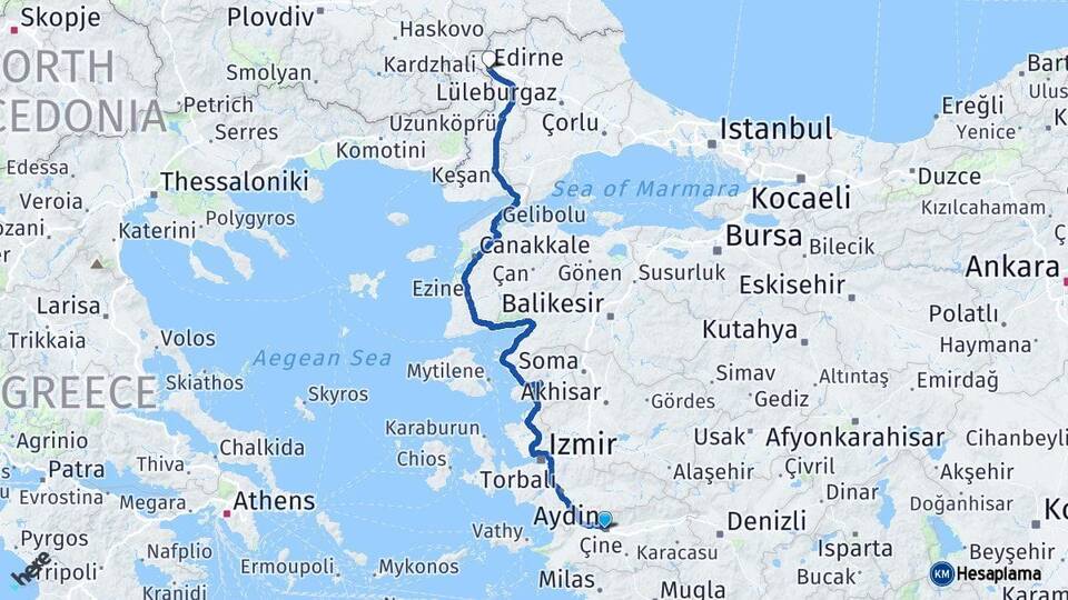 Aydın Efeler Edirne Arası Kaç Km - Yol Haritası