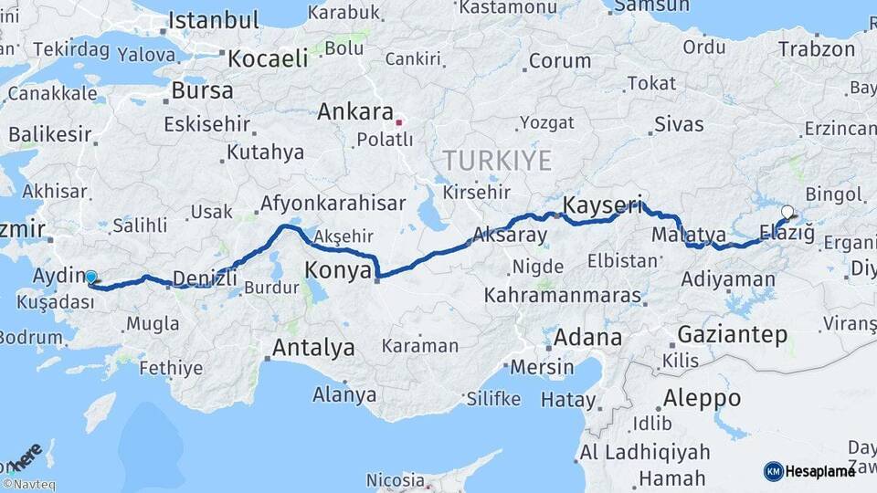 Aydın Efeler Elazığ Arası Kaç Km - Yol Haritası