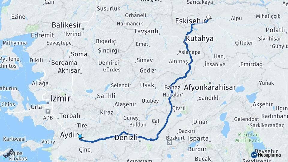 Aydın Efeler Eskişehir Arası Kaç Km - Yol Haritası