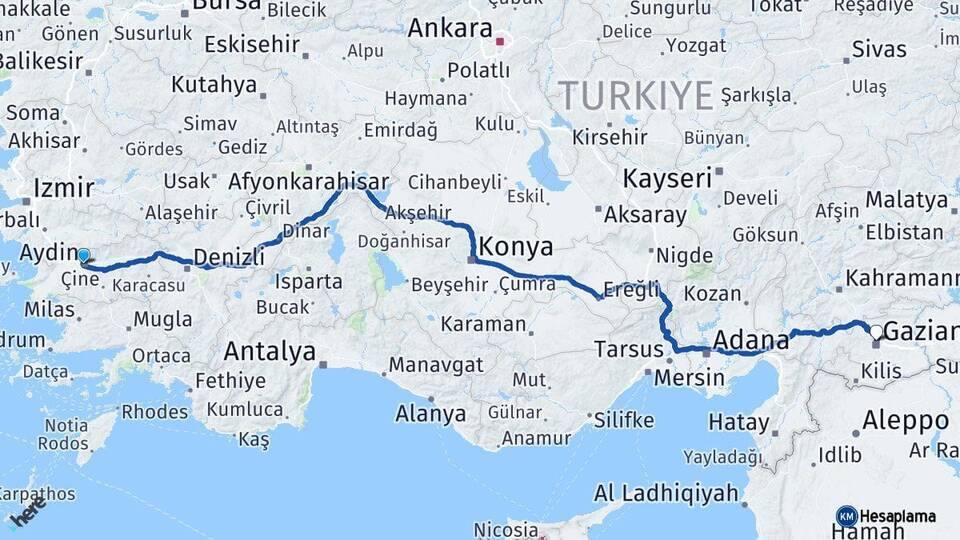 Aydın Efeler Gaziantep Arası Kaç Km - Yol Haritası