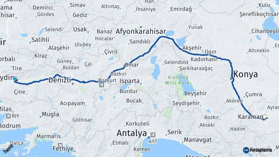 Aydın Efeler Karaman Arası Kaç Km - Yol Haritası