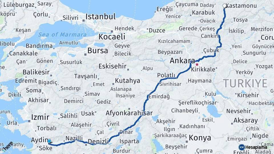 Aydın Efeler Kastamonu Arası Kaç Km - Yol Haritası
