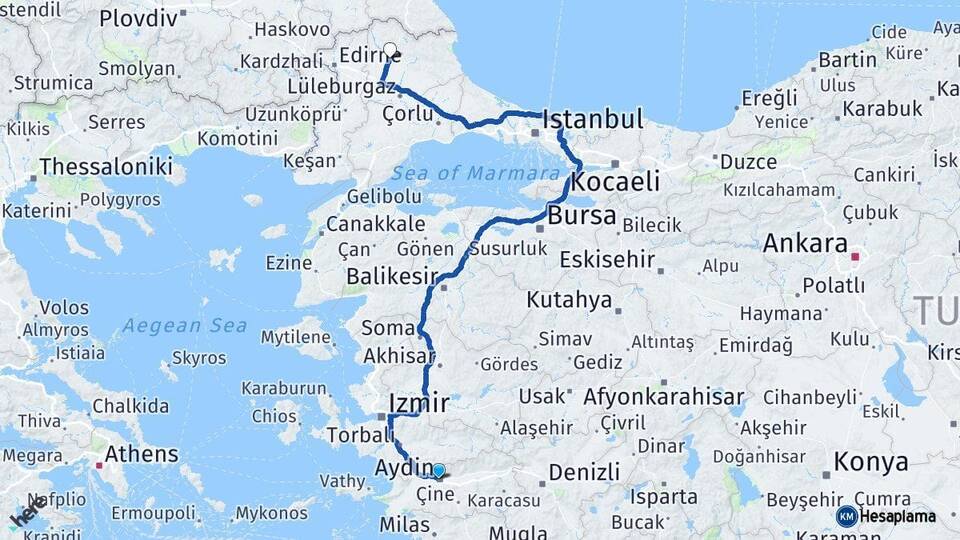 Aydın Efeler Kırklareli Arası Kaç Km - Yol Haritası