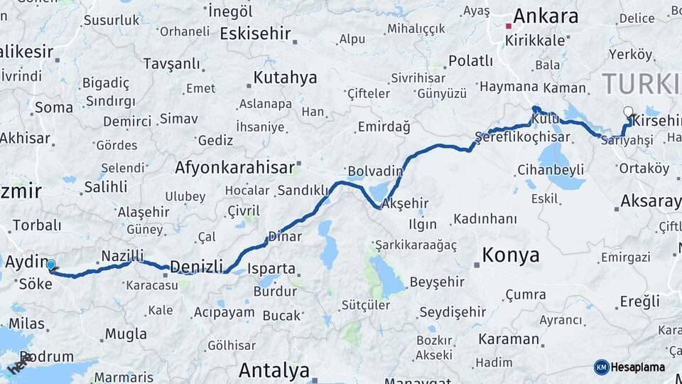 Aydın Efeler Kırşehir Arası Kaç Km - Yol Haritası