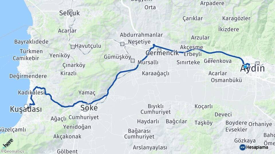 Aydın Efeler Kuşadası Arası Kaç Km - Yol Haritası