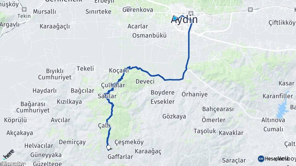Aydın Efeler Mersinbelen Koçarlı Arası Kaç Km - Yol Haritası