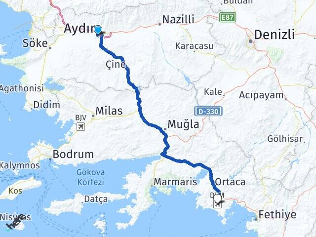 Aydın Efeler Muğla Dalaman Havalimanı Arası Kaç Km - Yol Haritası
