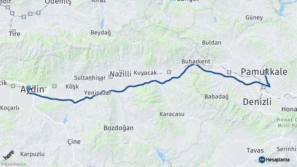 Aydın Efeler Pamukkale Travertenleri Arası Kaç Km - Yol Haritası