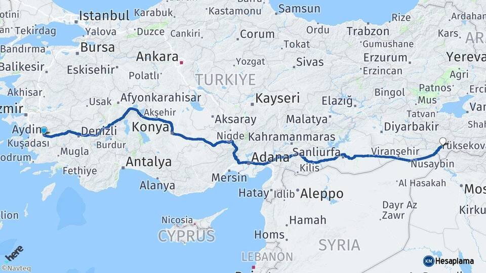 Aydın Efeler Şırnak Arası Kaç Km - Yol Haritası