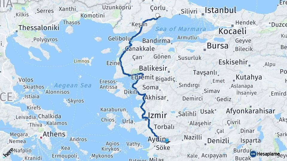 Aydın Efeler Tekirdağ Arası Kaç Km - Yol Haritası