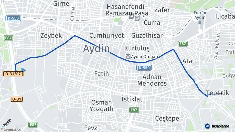 Aydın Efeler Tepecik Efeler Arası Kaç Km - Yol Haritası