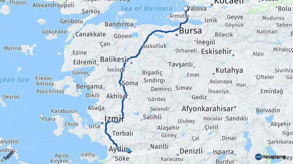 Aydın Efeler Yalova Arası Kaç Km - Yol Haritası