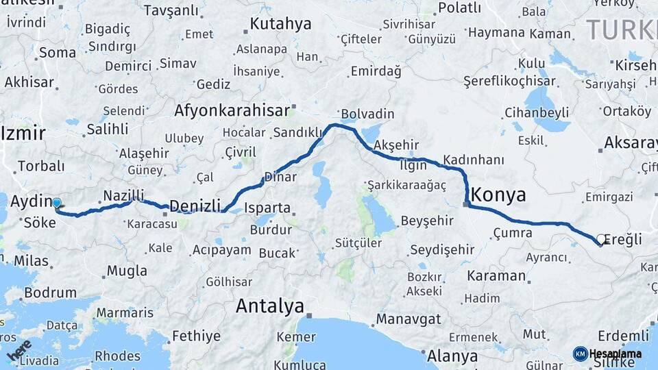 Aydın Ereğli Konya Arası Kaç Km - Yol Haritası