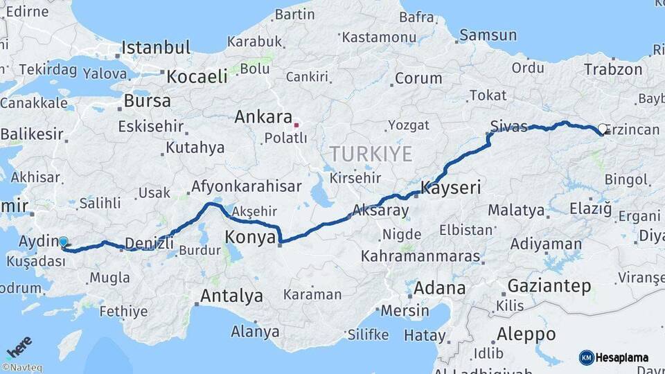 Aydın Erzincan Arası Kaç Km - Yol Haritası