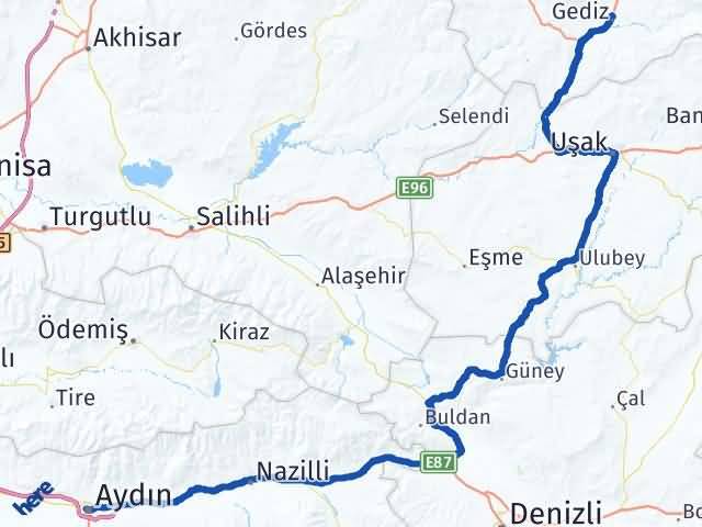 Aydın Gediz Kütahya Arası Kaç Km - Yol Haritası