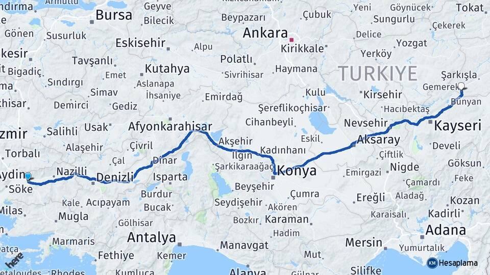 Aydın Gemerek Sivas Arası Kaç Km - Yol Haritası