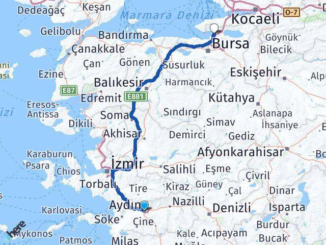 Aydın Gemlik Bursa Arası Kaç Km - Yol Haritası