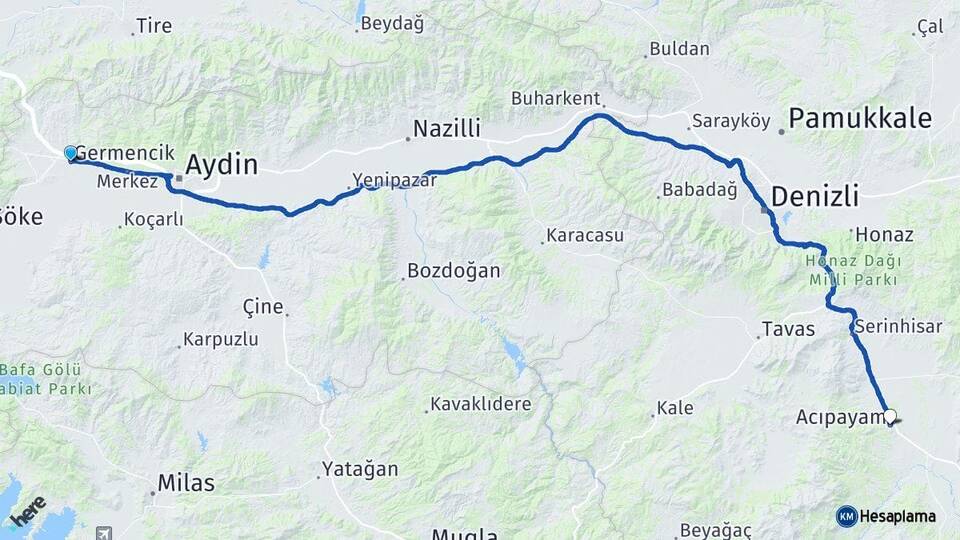 Aydın Germencik Acıpayam Denizli Arası Kaç Km - Yol Haritası