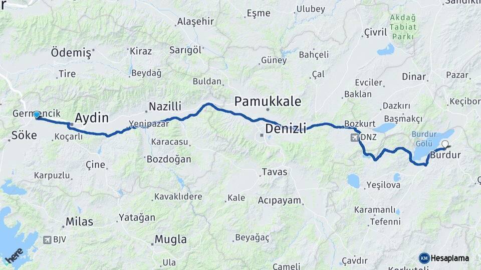 Aydın Germencik Burdur Arası Kaç Km - Yol Haritası