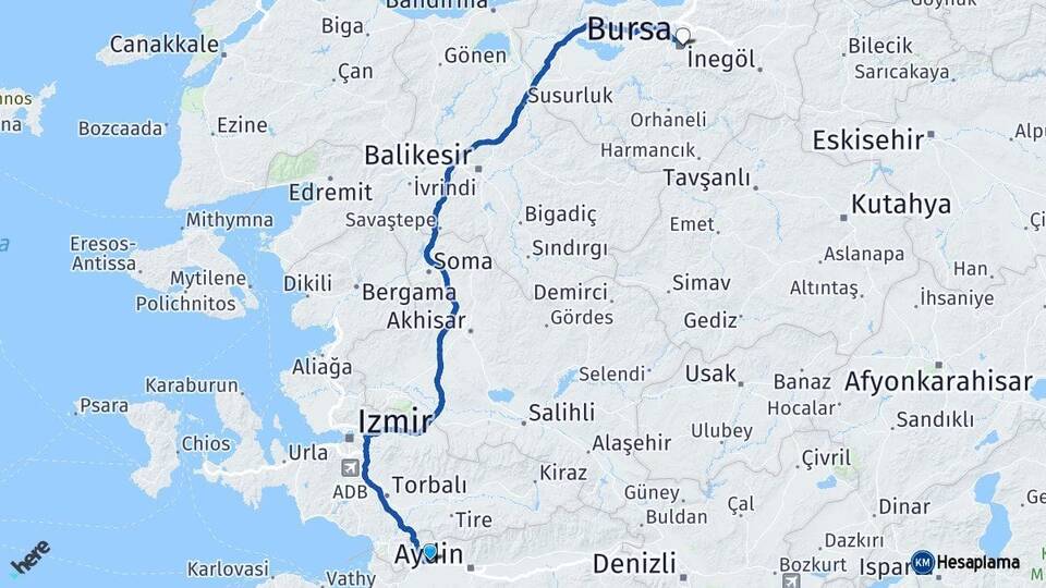 Aydın Germencik Bursa Arası Kaç Km - Yol Haritası