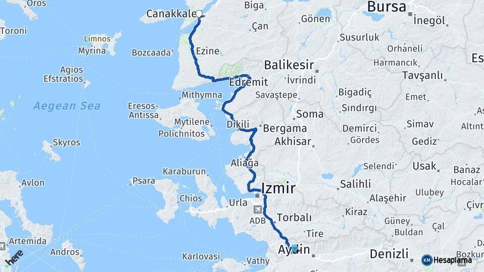 Aydın Germencik Çanakkale Arası Kaç Km - Yol Haritası