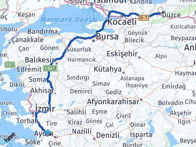 Aydın Germencik Düzce Arası Kaç Km - Yol Haritası