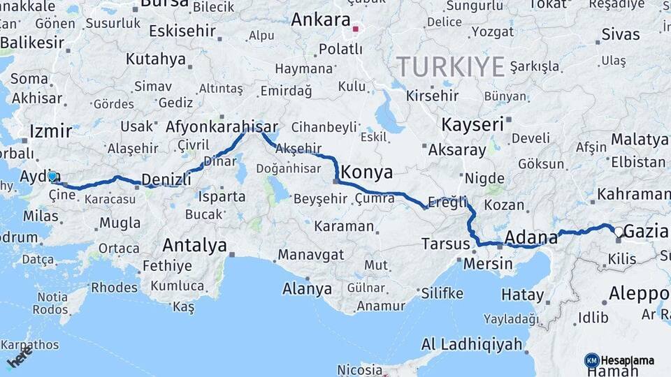 Aydın Germencik Gaziantep Arası Kaç Km - Yol Haritası