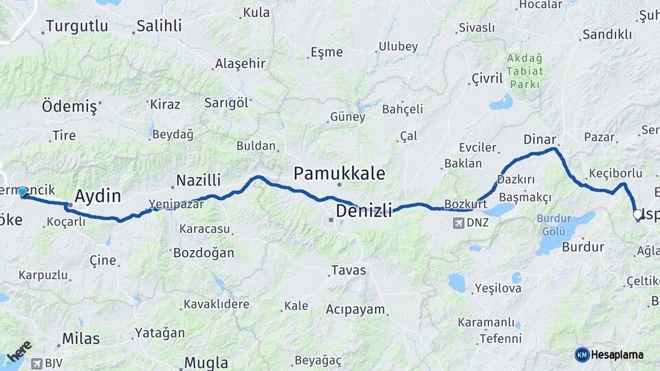 Aydın Germencik Isparta Arası Kaç Km - Yol Haritası