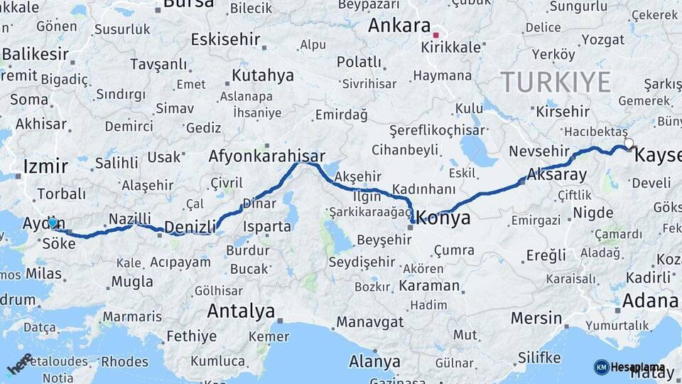 Aydın Germencik Kayseri Arası Kaç Km - Yol Haritası