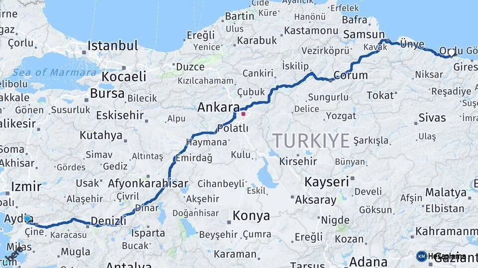 Aydın Germencik Ordu Arası Kaç Km - Yol Haritası