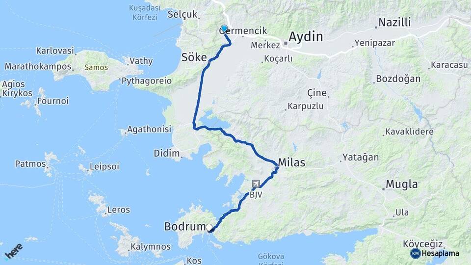 Aydın Germencik Ortaklar Bodrum Muğla Arası Kaç Km - Yol Haritası