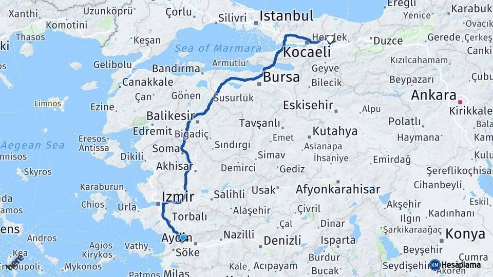 Aydın Germencik Sakarya Arası Kaç Km - Yol Haritası