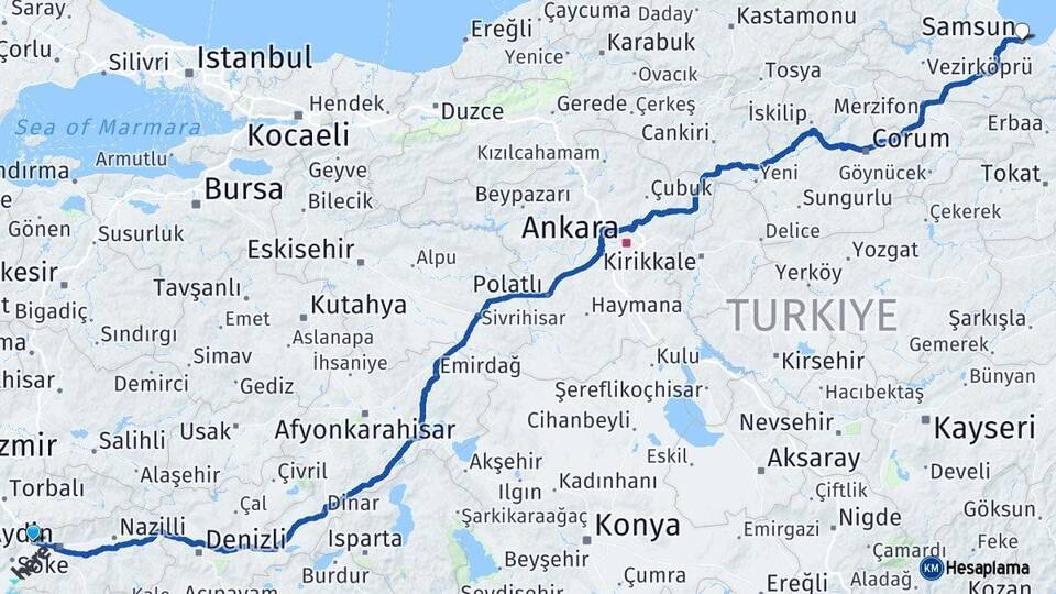 Aydın Germencik Samsun Arası Kaç Km - Yol Haritası