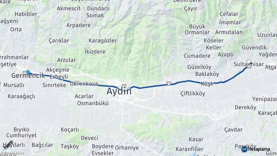 Aydın Germencik Sultanhisar Arası Kaç Km - Yol Haritası