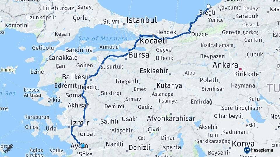 Aydın Germencik Zonguldak Arası Kaç Km - Yol Haritası