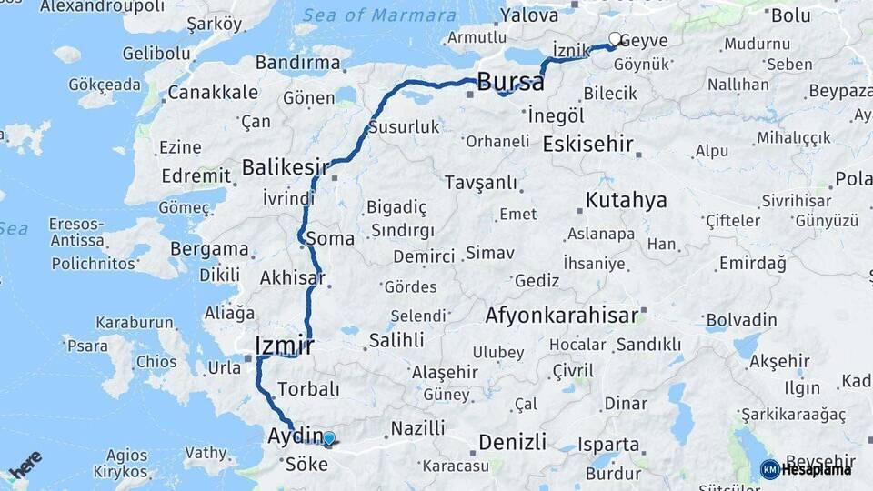 Aydın Geyve Sakarya Arası Kaç Km - Yol Haritası