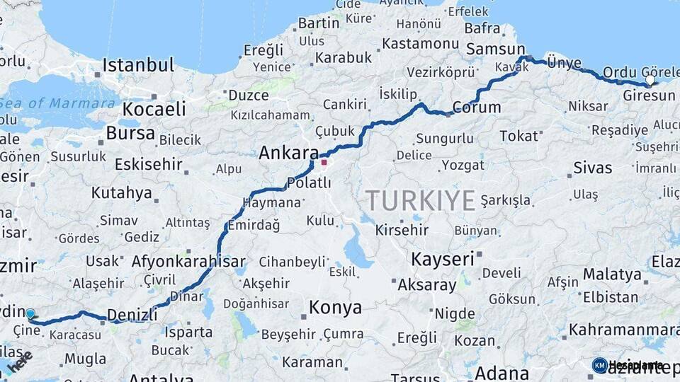 Aydın Giresun Arası Kaç Km - Yol Haritası