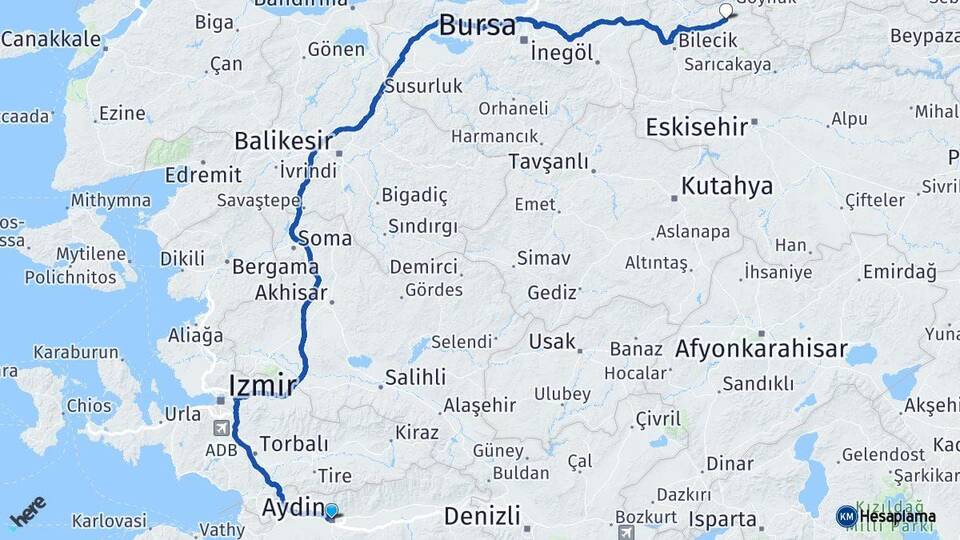 Aydın Gölpazarı Bilecik Arası Kaç Km - Yol Haritası