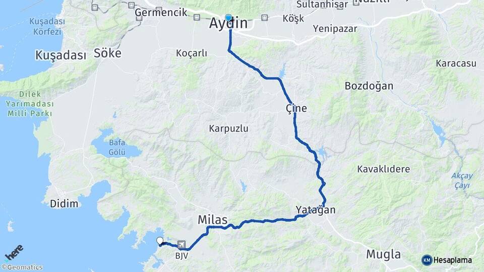 Aydın Güllük Milas Muğla Arası Kaç Km - Yol Haritası