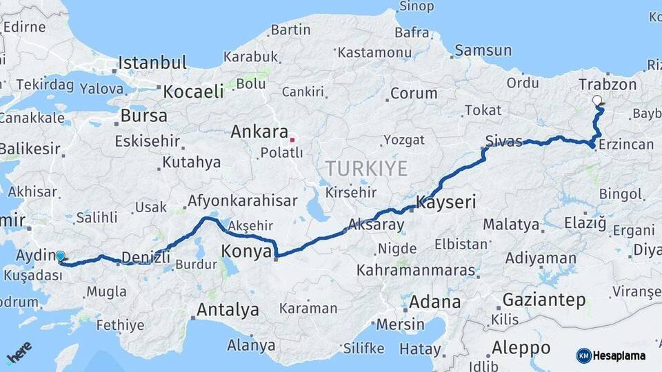 Aydın Gümüşhane Arası Kaç Km - Yol Haritası