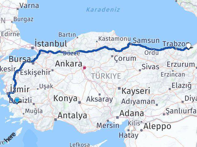 Aydın Güneysu Rize Arası Kaç Km - Yol Haritası